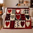 thumbnail image 1 of Rustic Buffalo Plaid Hearts Patchwork Design Cream Black, Playful Artistic Scene, Warm Flannel Blanket for Ranch House and Living Room, Animal Lovers Valentine's Day Gift, Artistic Home Decor, 1 of 9