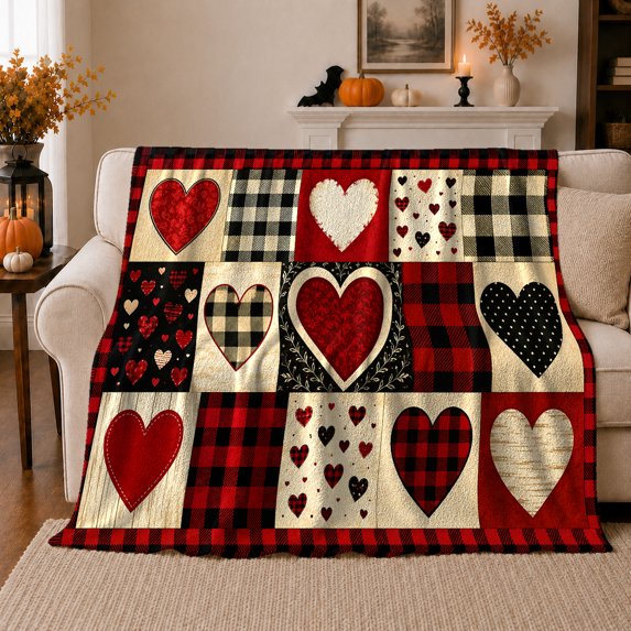 Rustic Buffalo Plaid Hearts Patchwork Design Cream Black, Playful Artistic Scene, Warm Flannel Blanket for Ranch House and Living Room, Animal Lovers Valentine's Day Gift, Artistic Home Decor