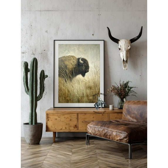 Rustic Buffalo Poster, Vintage Western Art Print Home Decor #3180, Unframed Poster Size 8x12