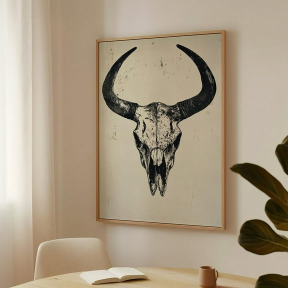 Rustic Buffalo Skull Print - Western Black And White Wall Art - Vintage Horned Skull Illustration - Southwestern Country Decor Wall Art, Modern Wall Decor, 8x12 UNFRAMED