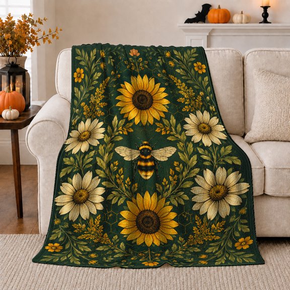 Rustic Bumblebee Sunflower Botanical, Rustic Botanical Portrait, Warm Flannel Blanket for Cabin and Lodge with Detailed Artwork, Garden Lovers Housewarming Gift, Rustic Home Decor