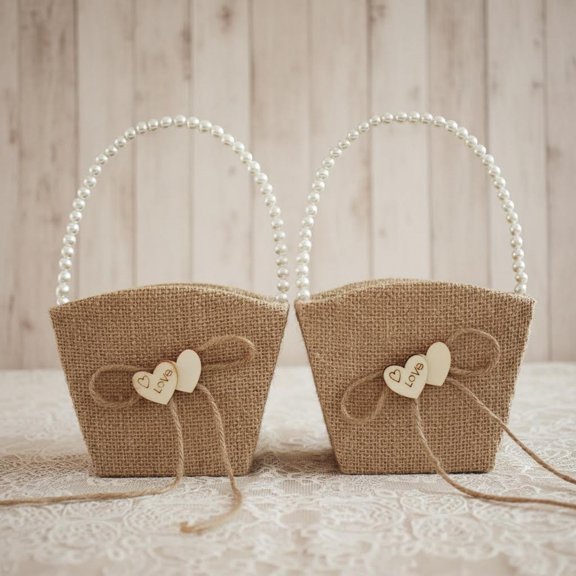 Rustic Burlap Flower Girl Baskets with Pearl Handle, Bow Knot Heart Petals Flower Basket for Vintage Wedding Ceremony, Set of 2