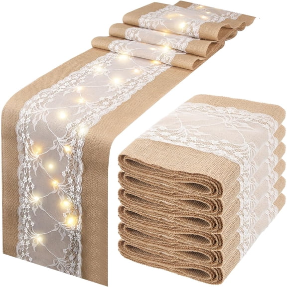 Rustic Burlap Lace Table Runner with Lights, 12 x 108 Inches, for Wedding and Home Party Decor