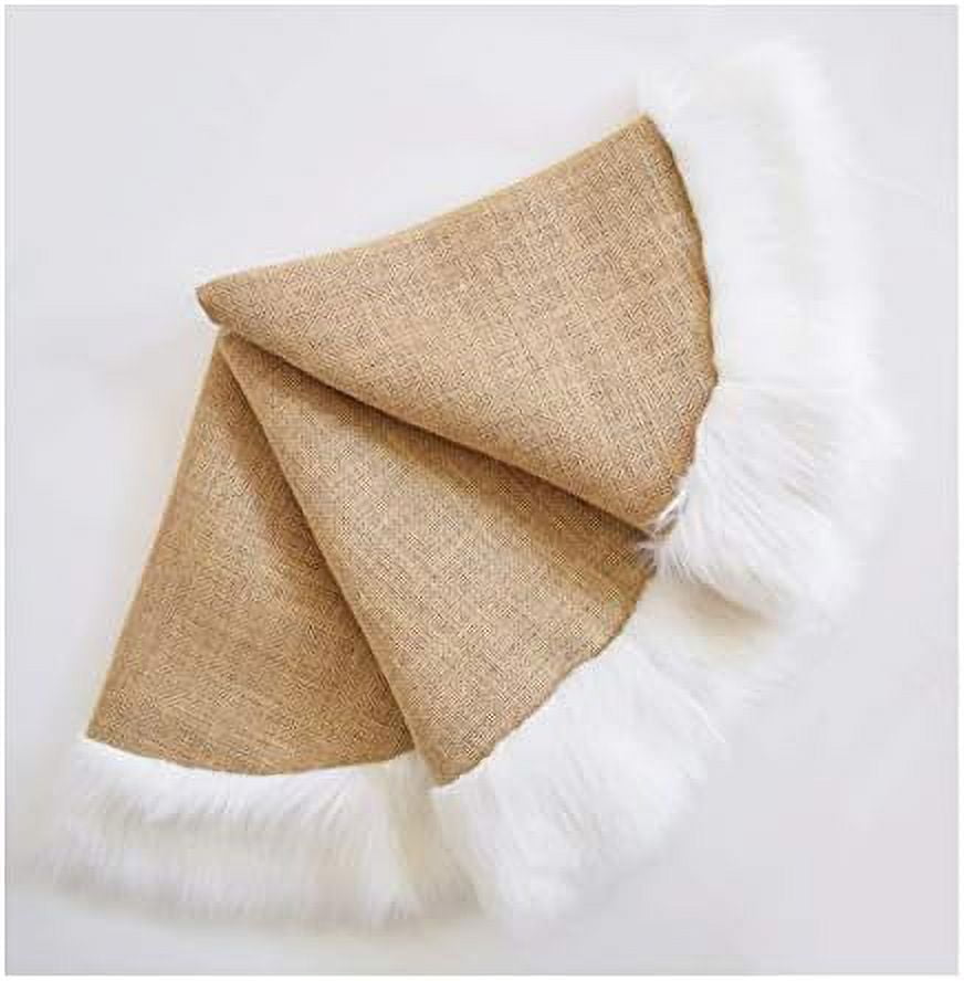 Rustic Burlap White Faux Fur Trim Tree Skirt 72 Inch Round Natural