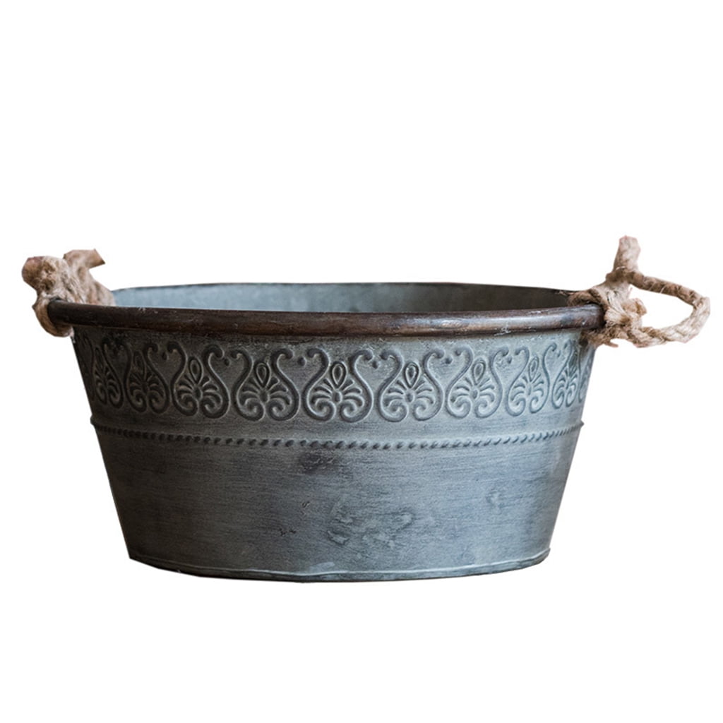 Rustic Burnished Metal and Rope Handles Durability Round Bucket Planter