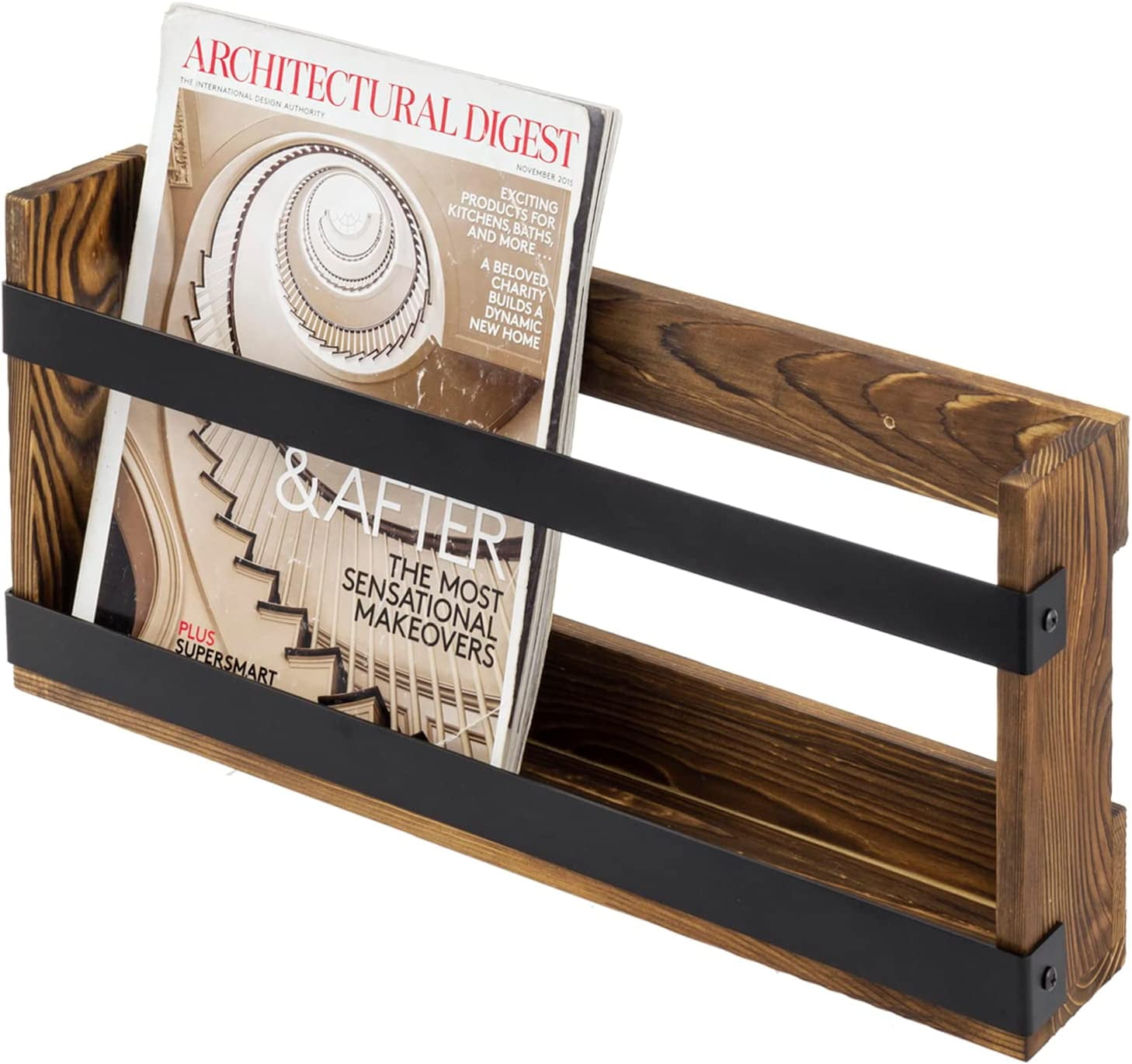 Rustic Burnt Solid Wood and Industrial Matte Black Metal Magazine ...