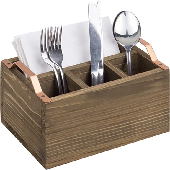 Rustic Burnt Wood Kitchen Flatware Holder and Napkin Holder Caddy with 4 Compartments and Copper-Toned Metal Handles
