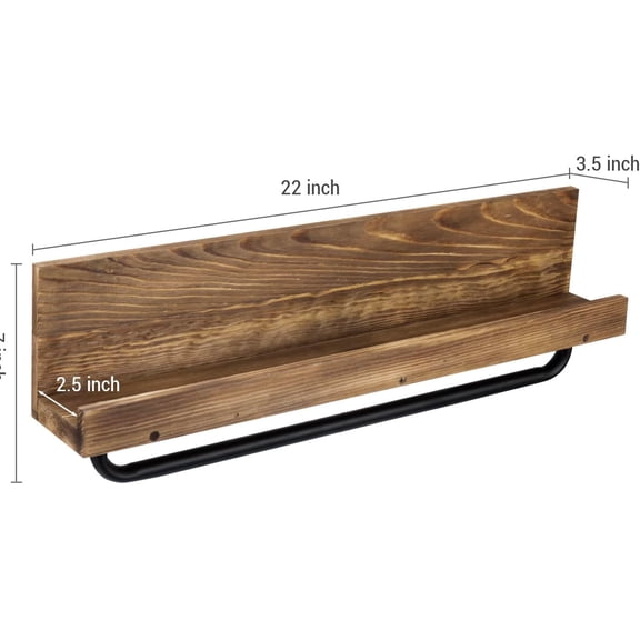 Rustic Burnt Wood Towel Bar Shelf with Metal Pipe - 22 Inch Wall Mounted Bathroom Storage Rack