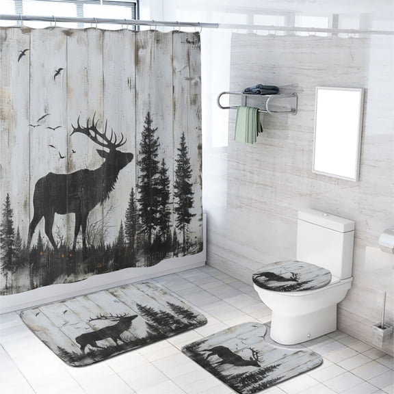 Rustic Cabin 4 Pcs Shower Curtain Set Wooden Barn Door Woodland Deer Birds Country Waterproof Fabric Cloth Bath Curtain, Non-Slip Bathroom Rugs Bath Mats, 72x72 Inch
