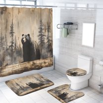 Rustic Cabin 4 Pieces Shower Curtain Set with Non-Slip Rug Funny Bear Forest on Brown Wooden Board with Toilet Lid Cover and Bath Mat, Waterproof Shower Curtain with 12 Hooks, 72x72 Inch
