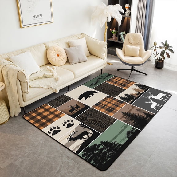 Rustic Cabin Area Rug 3x5, Hunting Bear Deer Rug Teens Adult, Farmhouse Moose Non Slip Carpet for Living Room, Vintage Plaid Tree Growth Ring Decorative Rug, Grey Brown