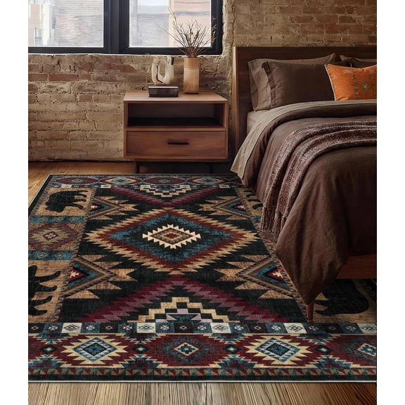Rustic Cabin Area Rug 4x6,Machine Washable Lodge Bear Rug,Non-Slip Low Pile Print Pattern Western Aztec Rug for Living Room Bedroom