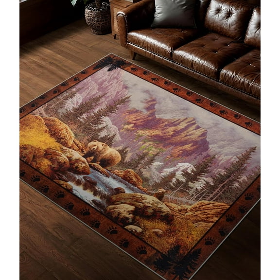 Rustic Cabin Area Rug 5x7,Machine Washable Lodge Bear Rug,Non-Slip Low Pile Print Pattern Southwestern Rug for Living Room Bedroom