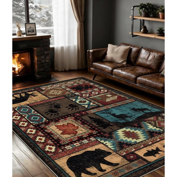 Rustic Cabin Area Rug 5x7,Machine Washable Lodge Bear Rug,Non-Slip Low Pile Print Pattern Southwestern Rug for Living Room Bedroom