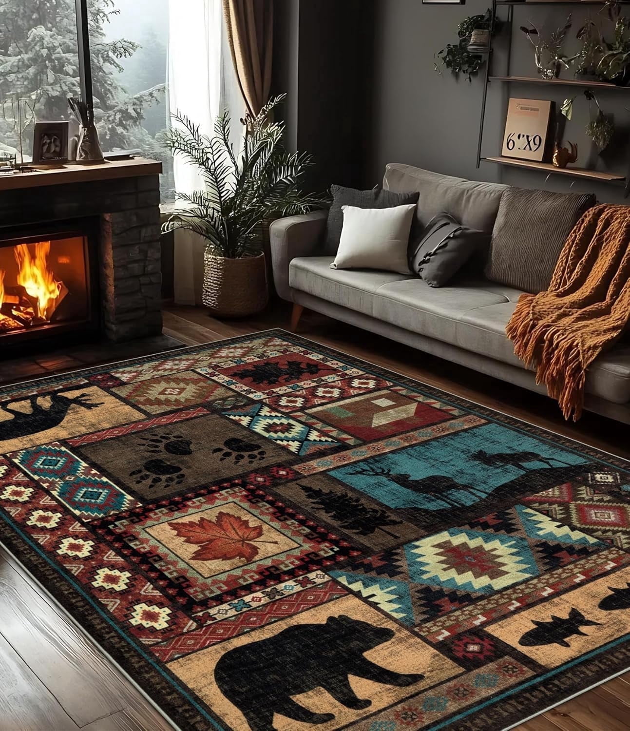 Rustic Cabin Area Rug 5x7,Machine Washable Lodge Bear Rug,Non-Slip Low ...