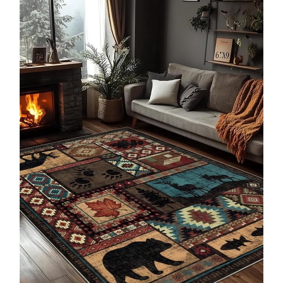 Rustic Cabin Area Rug 5x7,Machine Washable Lodge Bear Rug,Non-Slip Low Pile Print Pattern Southwestern Rug for Living Room Bedroom