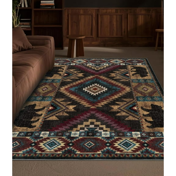 Rustic Cabin Area Rug 5x7, Machine Washable Lodge Bear Rug, Non-Slip Low Pile Print Pattern Southwestern Rug for Living Room Bedroom