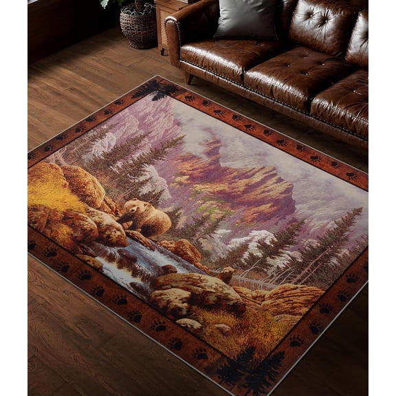 Rustic Cabin Area Rug 5x7,Machine Washable Lodge Bear Rug,Non-Slip Low Pile Print Pattern Southwestern Rug for Living Room Bedroom