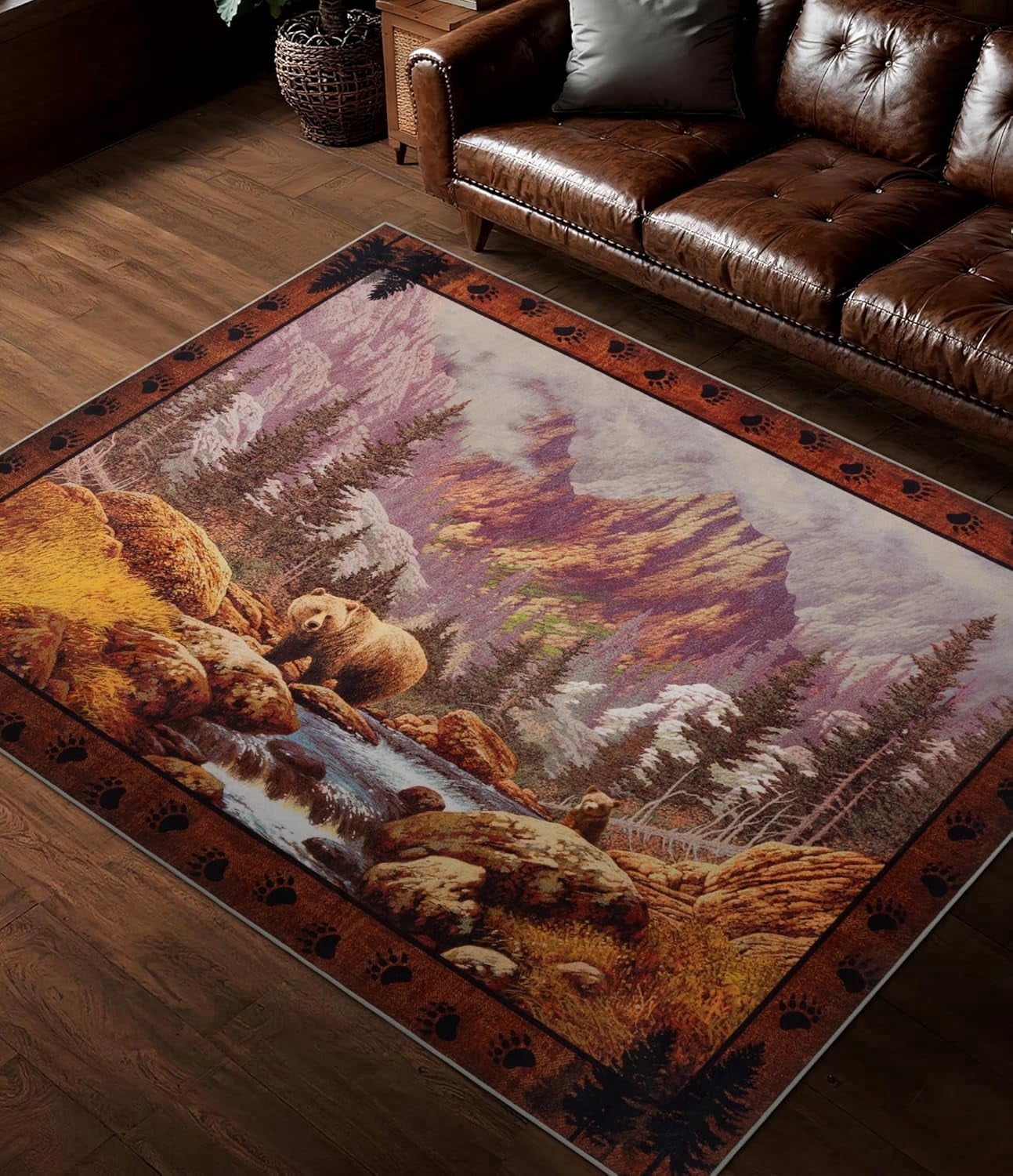 Rustic Cabin Area Rug 5x7,Machine Washable Lodge Bear Rug,Non-Slip Low ...