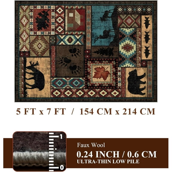 Rustic Cabin Area Rug 5x7, Machine Washable  Bear Rug, Non-Slip Low Pile Print Pattern Southwestern Rug for Living Room Bedroom