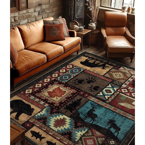 Rustic Cabin Area Rug 6x9,Machine Washable Lodge Bear Rug,Non-Slip Low Pile Print  Southwestern Rug for Living Room Bedroom