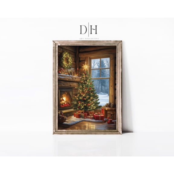 Rustic Cabin Art Poster Cozy Fireplace, Tree, Unframed Poster Size 16x24