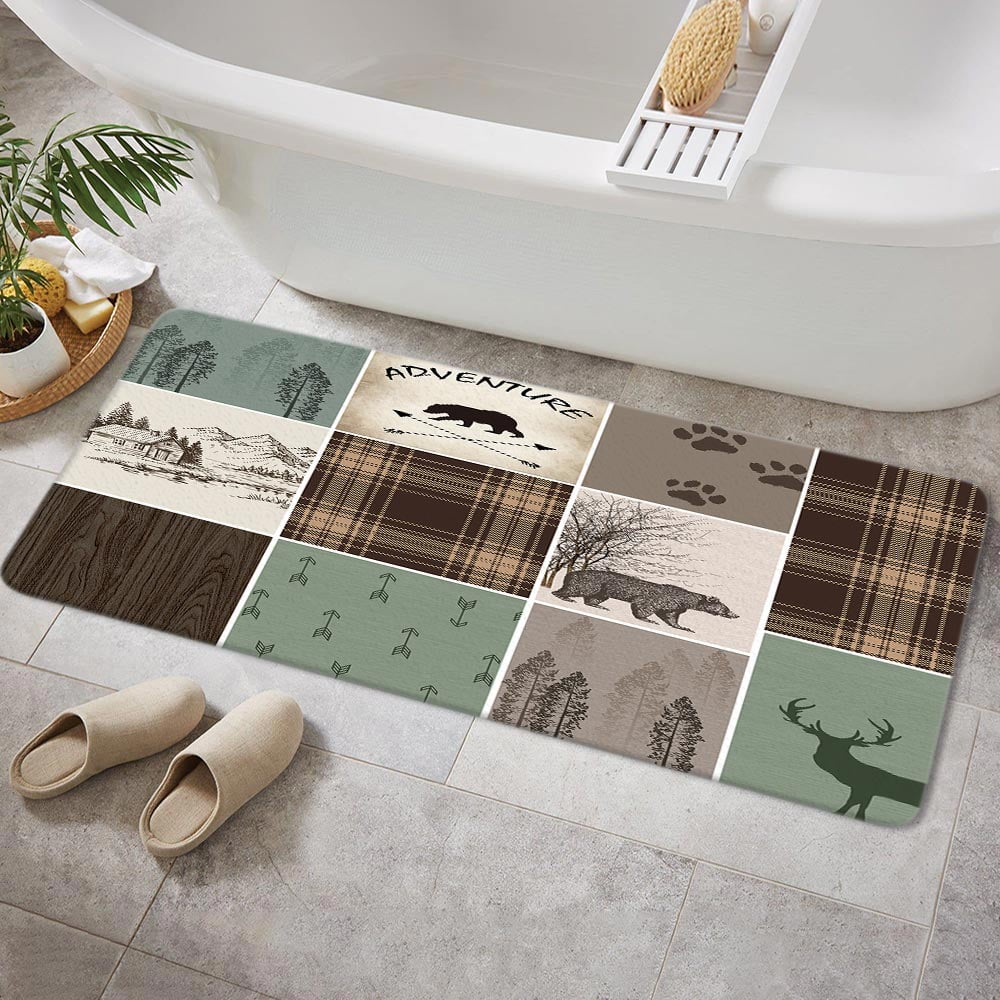Rustic Cabin Bath Mat,Bear Deer Forest Woodland Farmhouse Brown Flannel Non Slip Mat Rug,Forest Vintage Wood Bathroom Kitchen Door Mat,16X48in