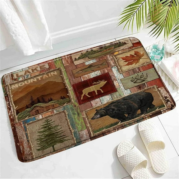 Rustic Cabin Bath Mat, Mountain Forest Bear Moose Deer Farm Camp Woodland Vintage Wooden Plank Barn Autumn Rugs Non-Slip Bathroom Mat Rug Bath Mats Home Kitchen Door Floor Mat Carpet 30"x18"