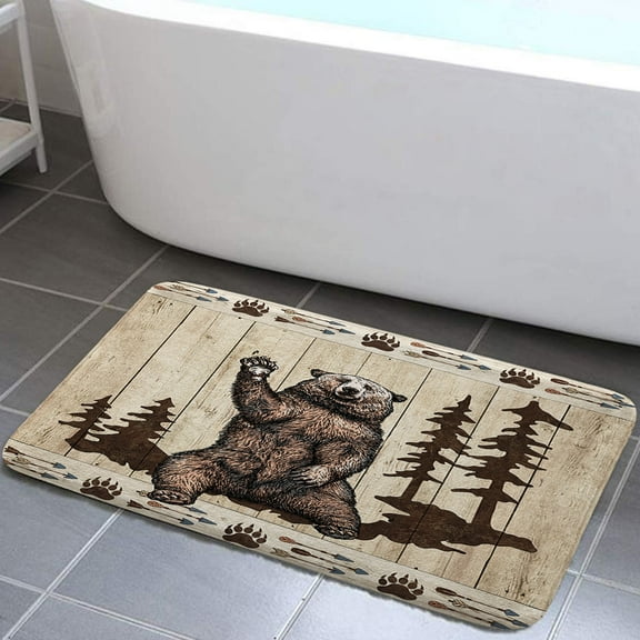 Rustic Cabin Bath Mat for Bathroom, Brown Bear on Farmhouse Wooden Door Soft Flannel Bathroom Rugs Home Bath Decor, 17X29in