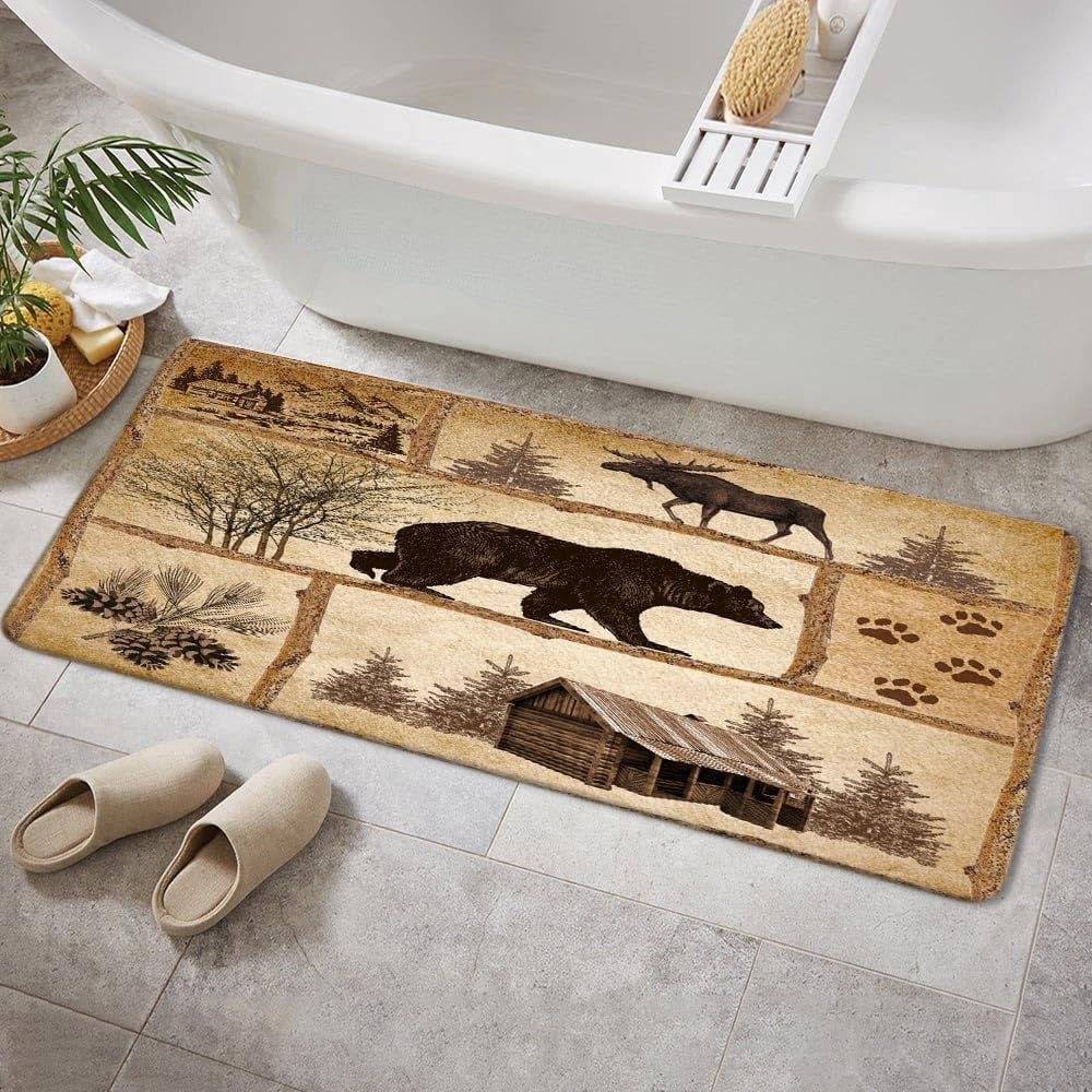 Rustic Cabin Bath Rug, Farmhouse Country Antique Bear Moose Forest ...