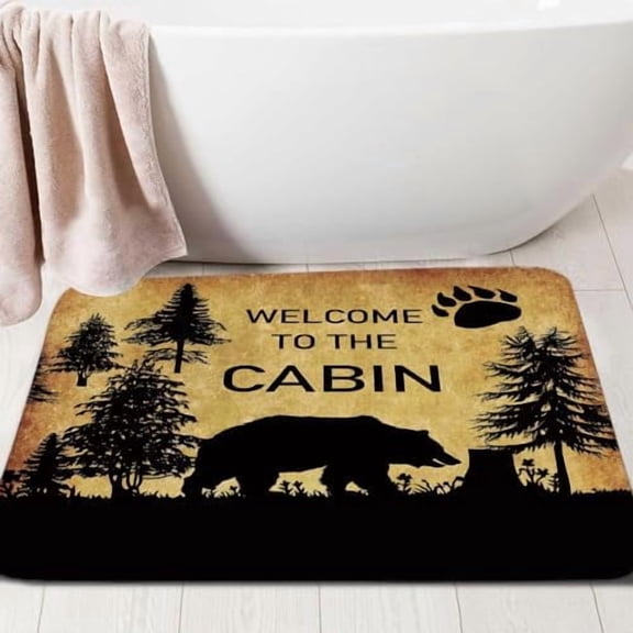 Rustic Cabin Bath Rug, Farmhouse Country Bear Forest Vintage Non Slip Bathroom Rugs,Hunting Camping Bath Rug Sets for Bathroom Bedroom Kitchen Outdoor Indoor 17x29 Inch