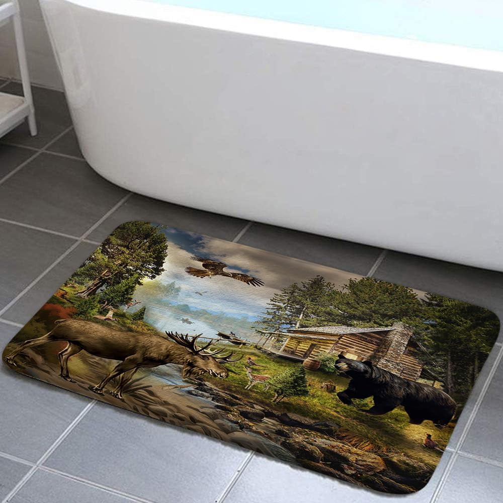 Rustic Cabin Bath Rugs for Bathroom, Country Cabin Lodge Lake Woodland