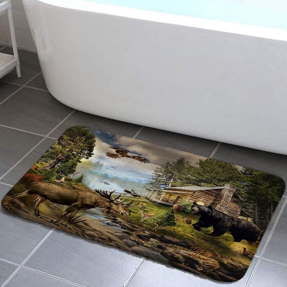 Rustic Cabin Bath Rugs for Bathroom, Country Cabin Lodge Lake Woodland Funny Bear Moose Deer RV Farmhouse Bathroom Rug Bath Mat Set Floor Mats, Hunting Camp Forest Doormat, 15.7X23.6in