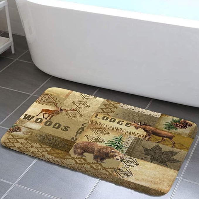 Rustic Cabin Bath Rugs for Bathroom, Cute Bear Deer Forest Print on ...