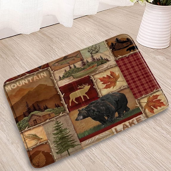 Rustic Cabin Bathroom Mat Bear Moose Wildlife Lodge Lake Mountain Forest Maple Leaf Fishing Country Hunting Style Kitchen Flannel Non-Slip Rug Doorway Welcome Carpet 23.6x15.7inch
