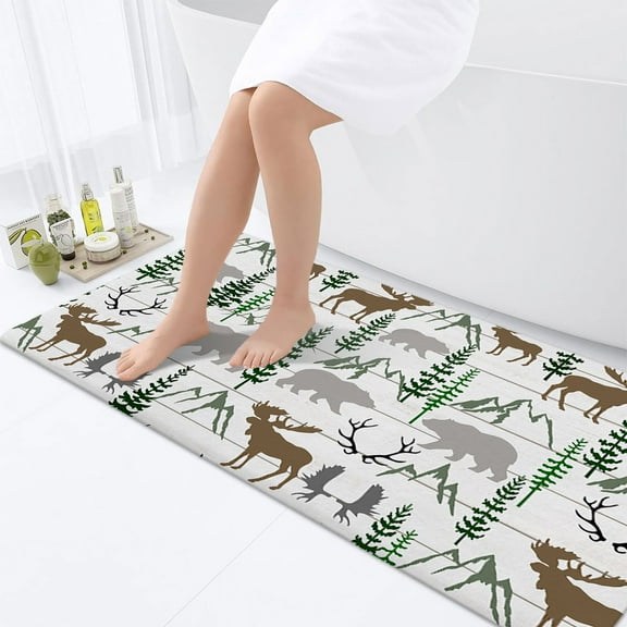 Rustic Forest Bathroom Rugs, Rustic Lodge Forest Cabin Bathroom Rugs Set Country Hunting Non-Slip Bath Rugs, Wild Animal Bear Moose Deer in Forest Bathroom Rug Mat 17X48inch
