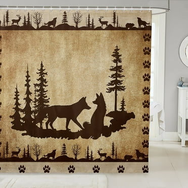 Rustic Cabin Bathroom Shower Curtain,Fox Animals Wildlife Hunting Theme Shower Curtain,Retro Farmhouse Waterproof Bathroom Curtains,Woodland Tree Bear Paw Bath Curtain 72"Wx72"L