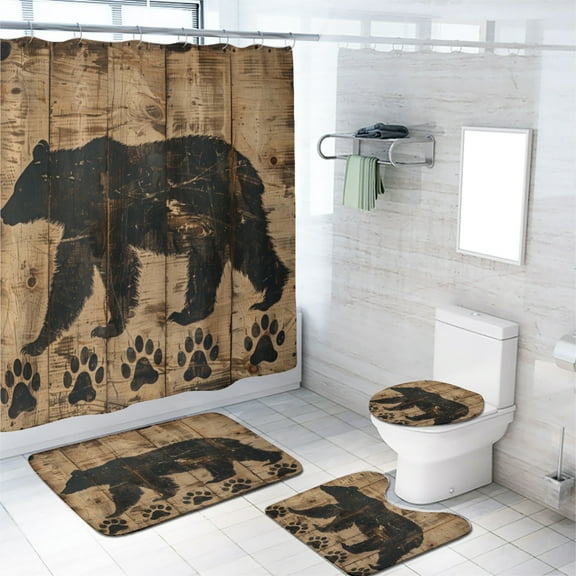 Rustic Cabin Bear 4 Piece Shower Curtain Sets Wild Animal Vintage Wooden Board Camping Country with Non-Slip Rugs Toilet Lid Cover and Bath Mat Bathroom Decor Set, 72x72 Inch