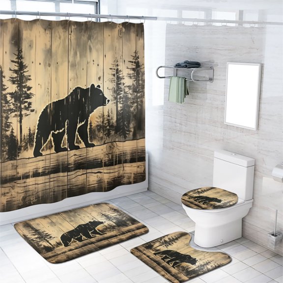 Rustic Cabin Bear 4 Pieces Shower Curtain Set with Non-Slip Rug Woodland Hunting Country Lodge Wildlife Animals with Non-Slip Rugs Toilet Lid Cover and Bath Mat Bathroom Decor Set, 72x72 Inch