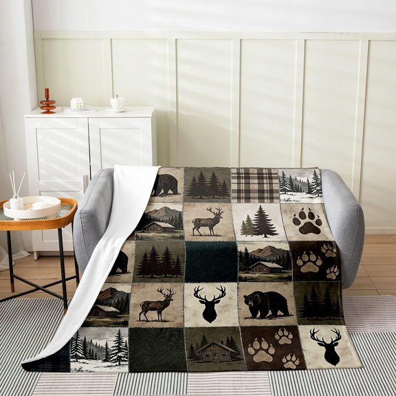 Rustic Cabin Bear And Deer Patchwork Throw Blanket for Bed Sofa