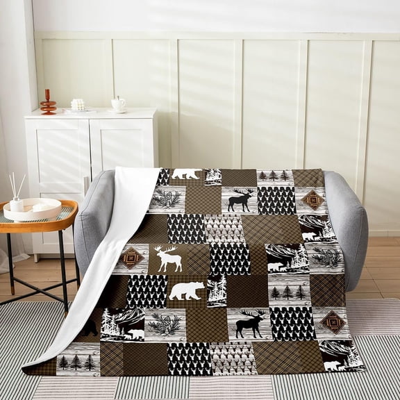 Rustic Cabin Bear And Moose Patchwork Throw Blanket for Couch and Bed