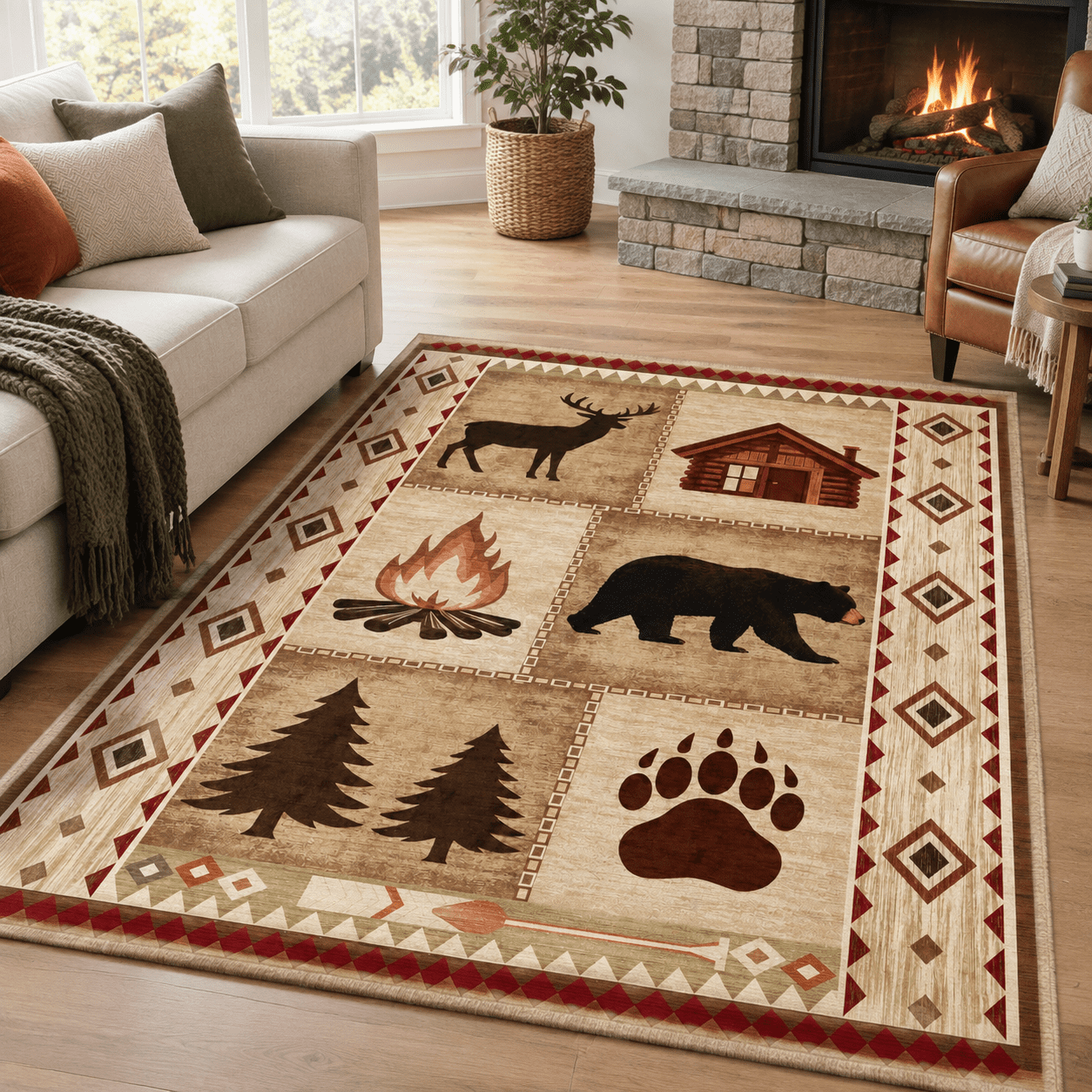 Rustic Bear Rugs Rustic Cabin Bear Deer Area Rug 3x5 Lodge Country For Bedroom Washable ...