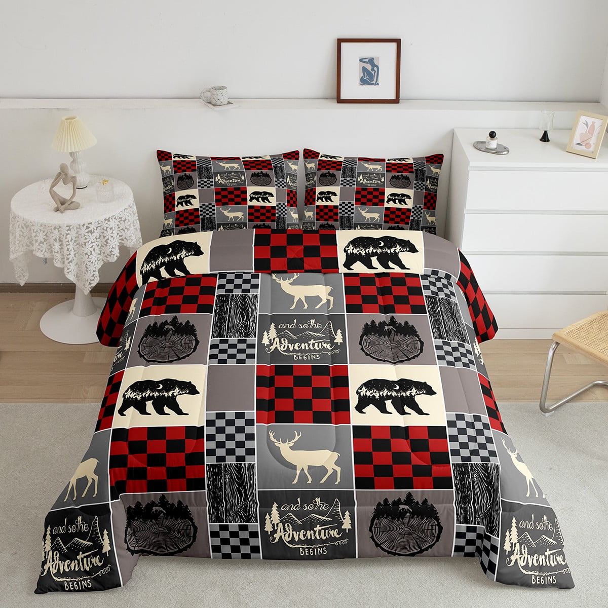 Rustic Cabin Bear Deer Bedding Set, Retro Wooden Barn Door Comforter