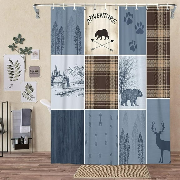 Rustic Cabin Bear Deer Shower Curtain, Blue Country Plaid Shower Curtain Set for Bathroom, Farmhouse Forest Nature Fabric Shower Curtain Restroom Bathtub Decor Accessories with Hooks
