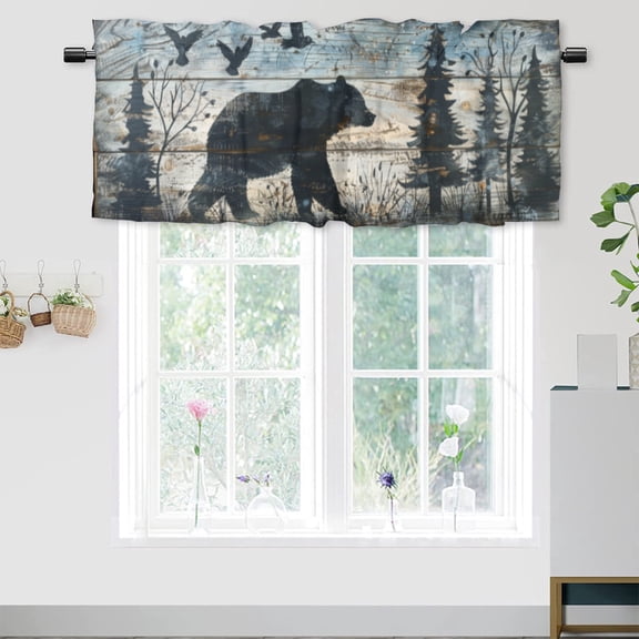 Rustic Cabin Bear Kitchen Valance Curtain Rod Pocket Wildlife Animal Vintage Wooden Board Forest Tree Birds Rod Pocket Window Valance for Living Room Bedroom 54 by 18 in, 1 Panel