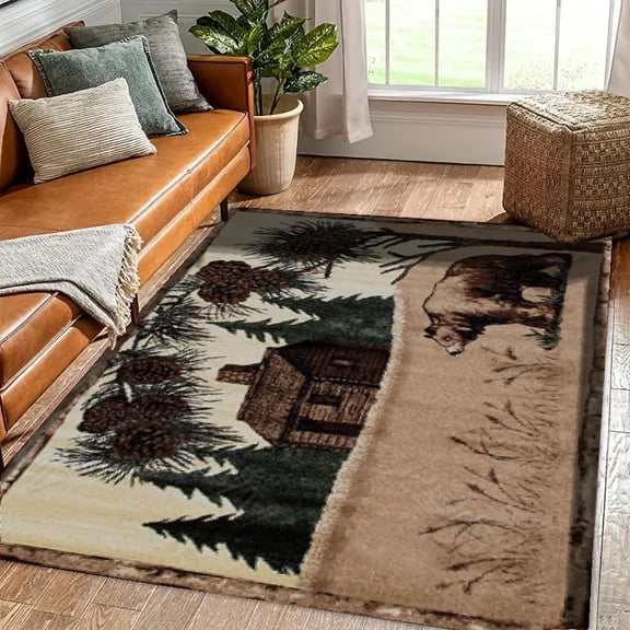 Rustic Cabin Bear Pine Cone Nature Area Rug