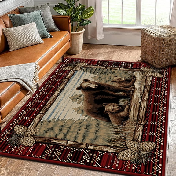 Rustic Cabin Bear Pine Cone Nature Area Rug