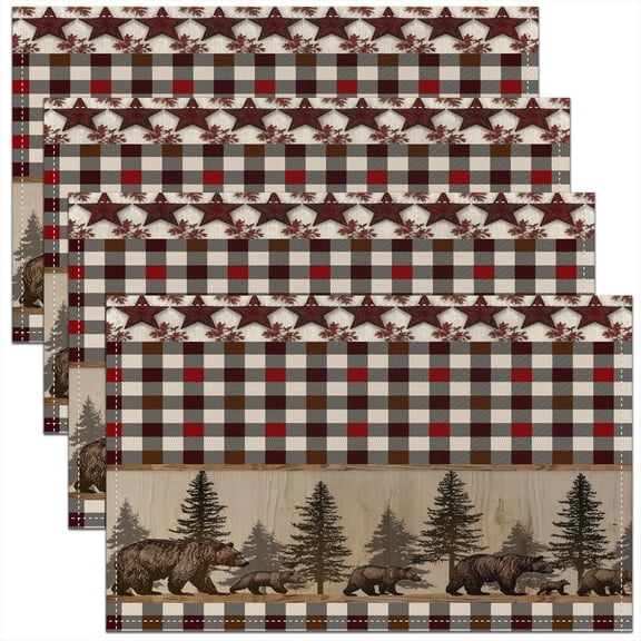 Rustic Cabin Bear Placemats Set of 4 12x18 Inch Forest Brown Bear Plaid Table Mats for Party Kitchen Dining Decoration Seasonal Wild Animal Place Mat for Dinner Table 18"x12" Hunting Decor