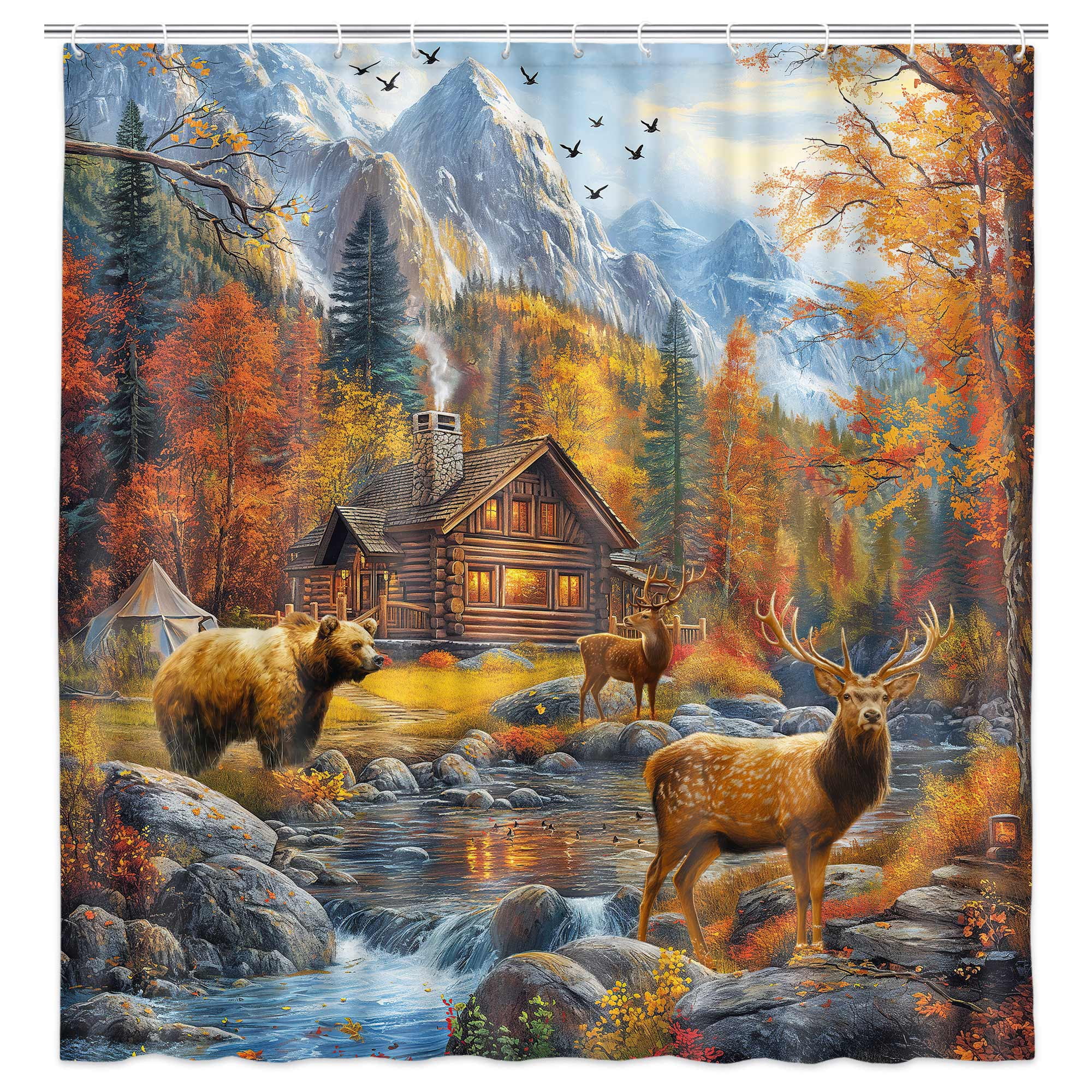 Rustic Cabin Bear Shower Curtain Fall Forest Lake Birch Trees Birds Wildlife Animal Hunting Camping Lodge Autumn Farmhouse Oil Painting Nature Landscape Fabric Bathroom Curtains with Plastic Hooks