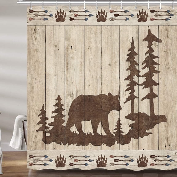 Rustic Cabin Bear Shower Curtains for Bathroom, Wild Animals Hunting Forest Woodland Bath Curtain Set, Lodge Bear Print Fabric Bathroom Accessories Restroom Decor,6pcs Hooks, 36X70 IN